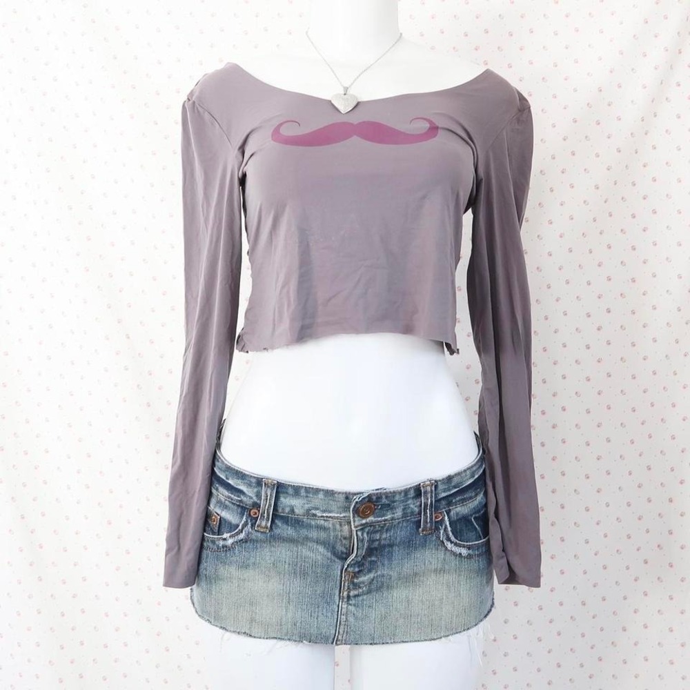purple mustache graphic top indie sleaze tumblr fashion off shoulder long sleeve